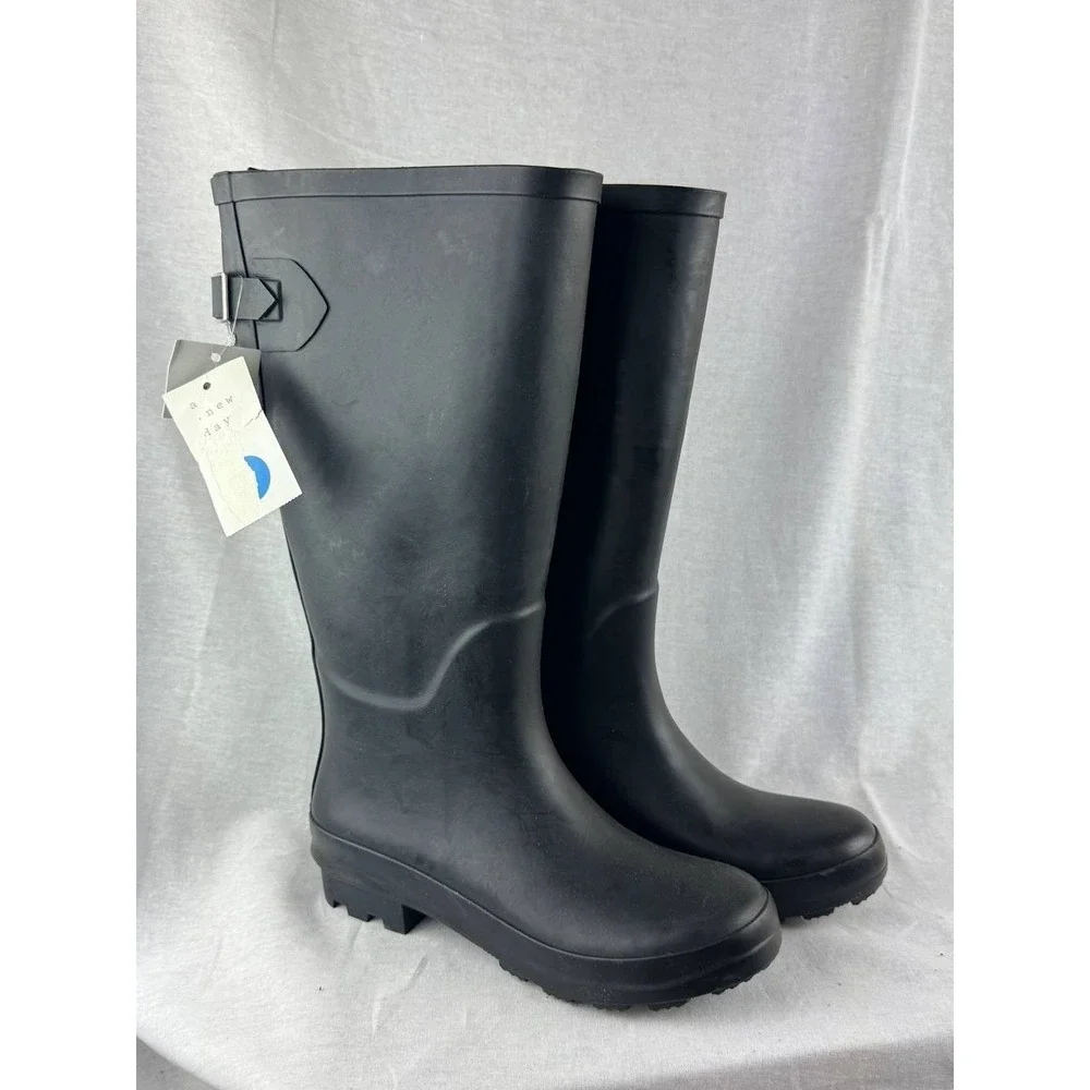A New Day Womens Black Rubber Rain Boots Waterproof Tall Buckle Matte Size 7